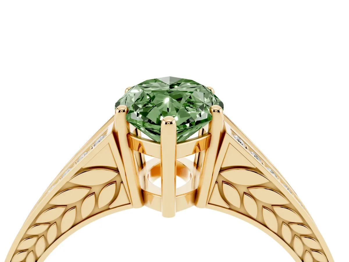 Fancy Green Marquise Cut Diamond Split Shank Ring with Pavé Band and Four-Prong Setting Yellow gold