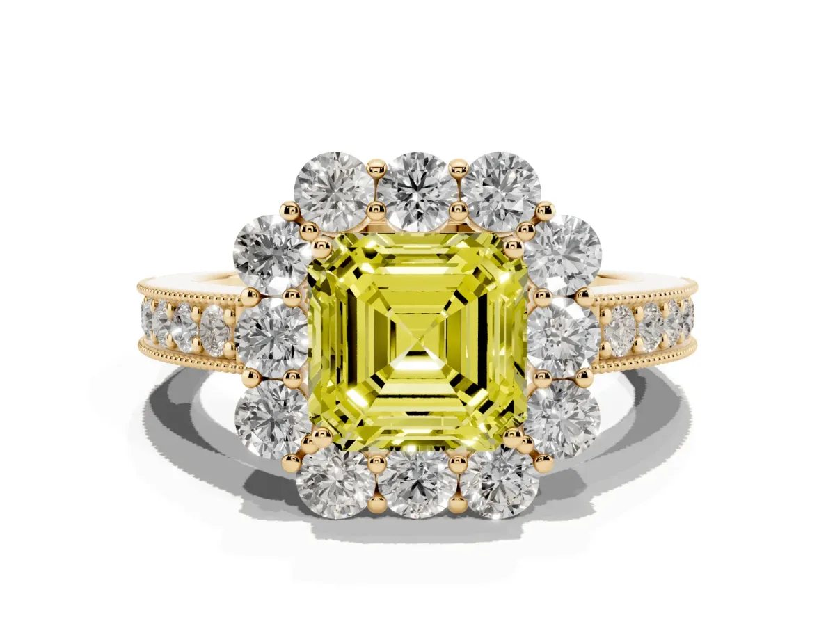 Fancy Yellow Asscher Cut Cut Halo Diamond Pavé Engagement Ring with Milgrain Detailing Yellow gold