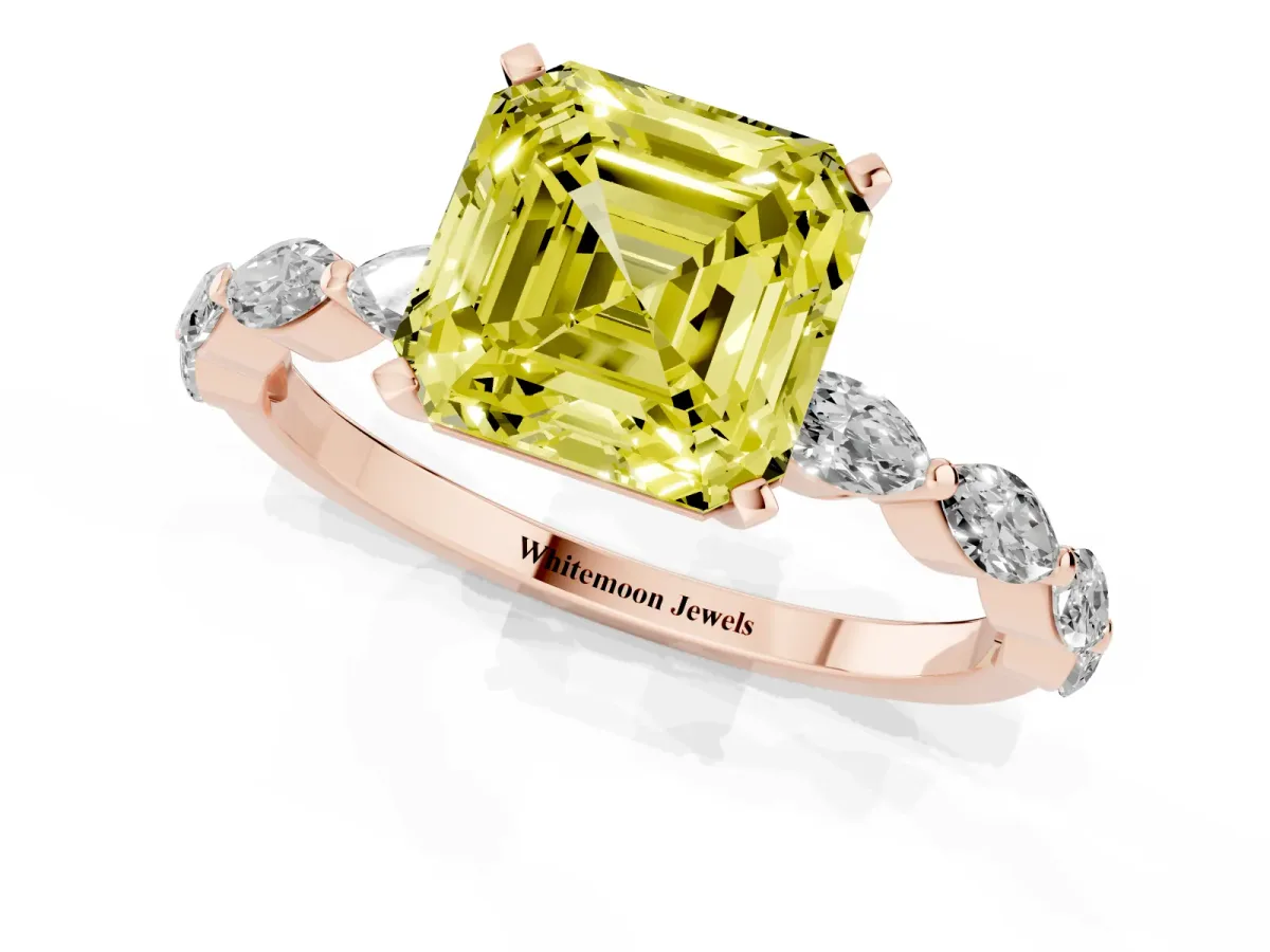 Fancy Yellow Asscher Cut Diamond Ring with Marquise Side Stones and Prong Setting Rose gold