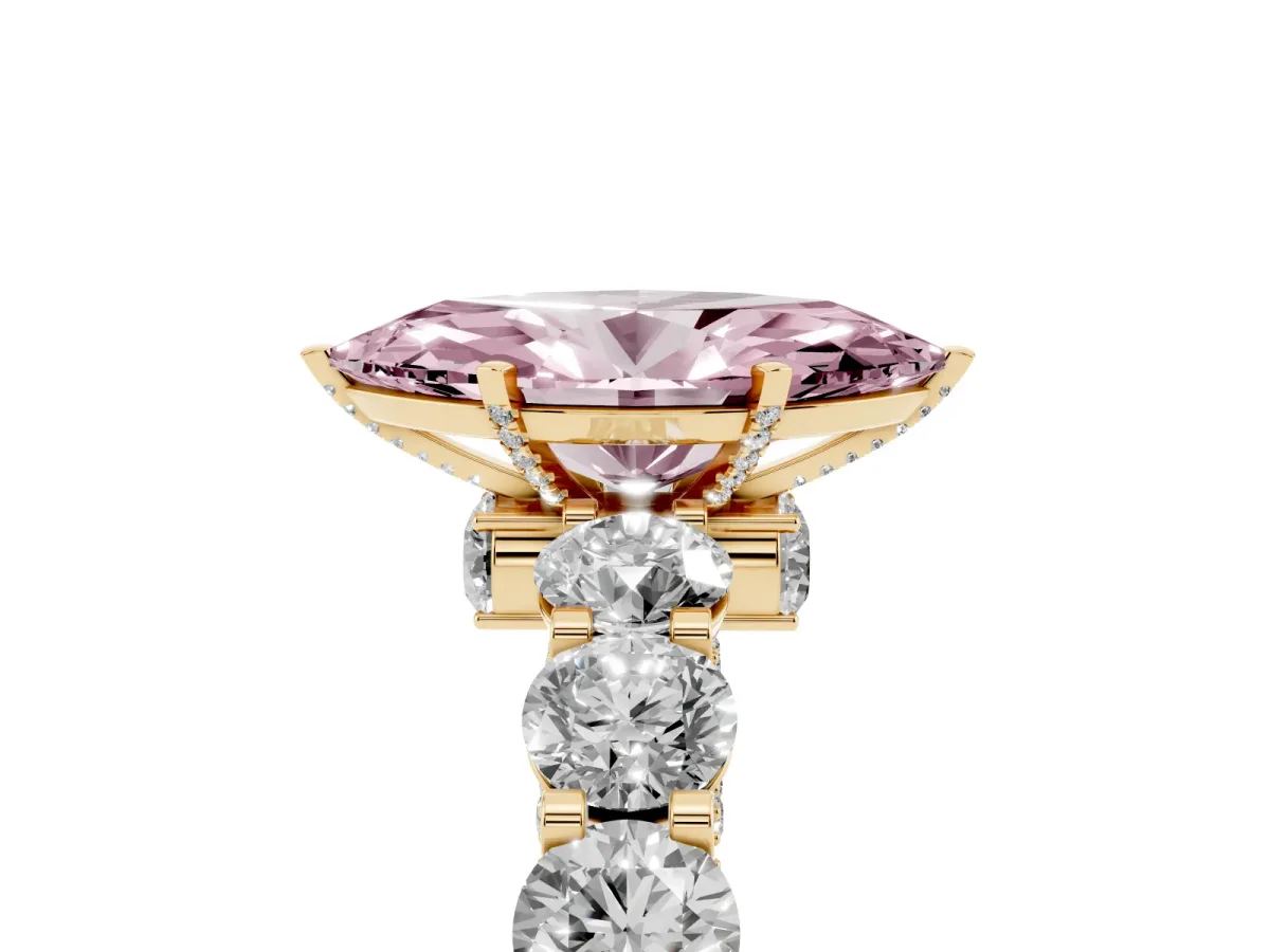 Fancy Pink Marquise Cut Diamond Side Stone Engagement Ring with Four-Prong Setting Yellow gold
