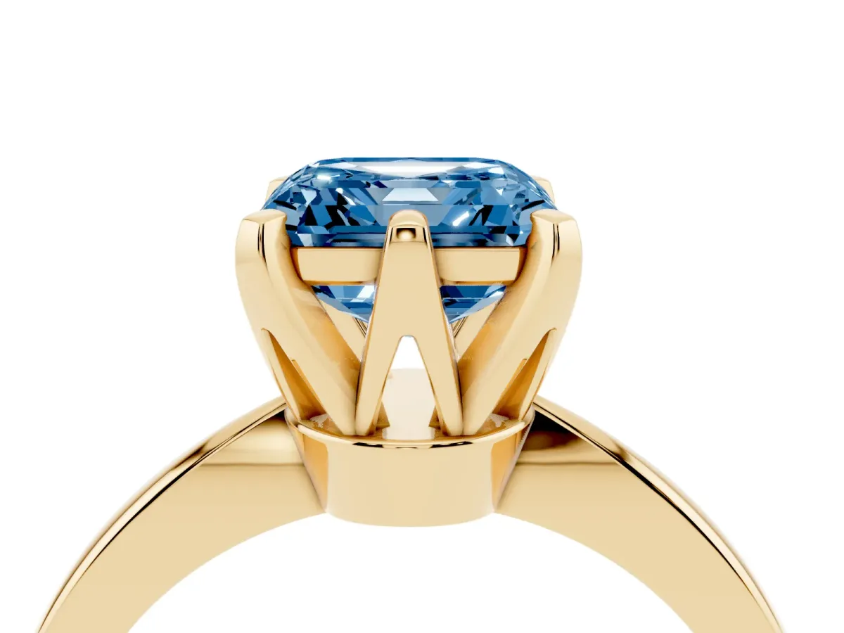 Fancy Blue Asscher Cut Solitaire Engagement Ring with Six-Prong Setting and Tapered Band Yellow gold