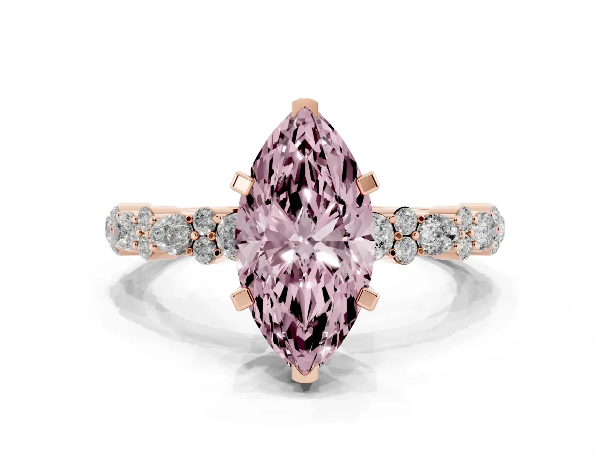 Fancy Pink Marquise Cut Diamond Side Stone Solitaire Ring with Round and Four-Prong Setting Rose gold