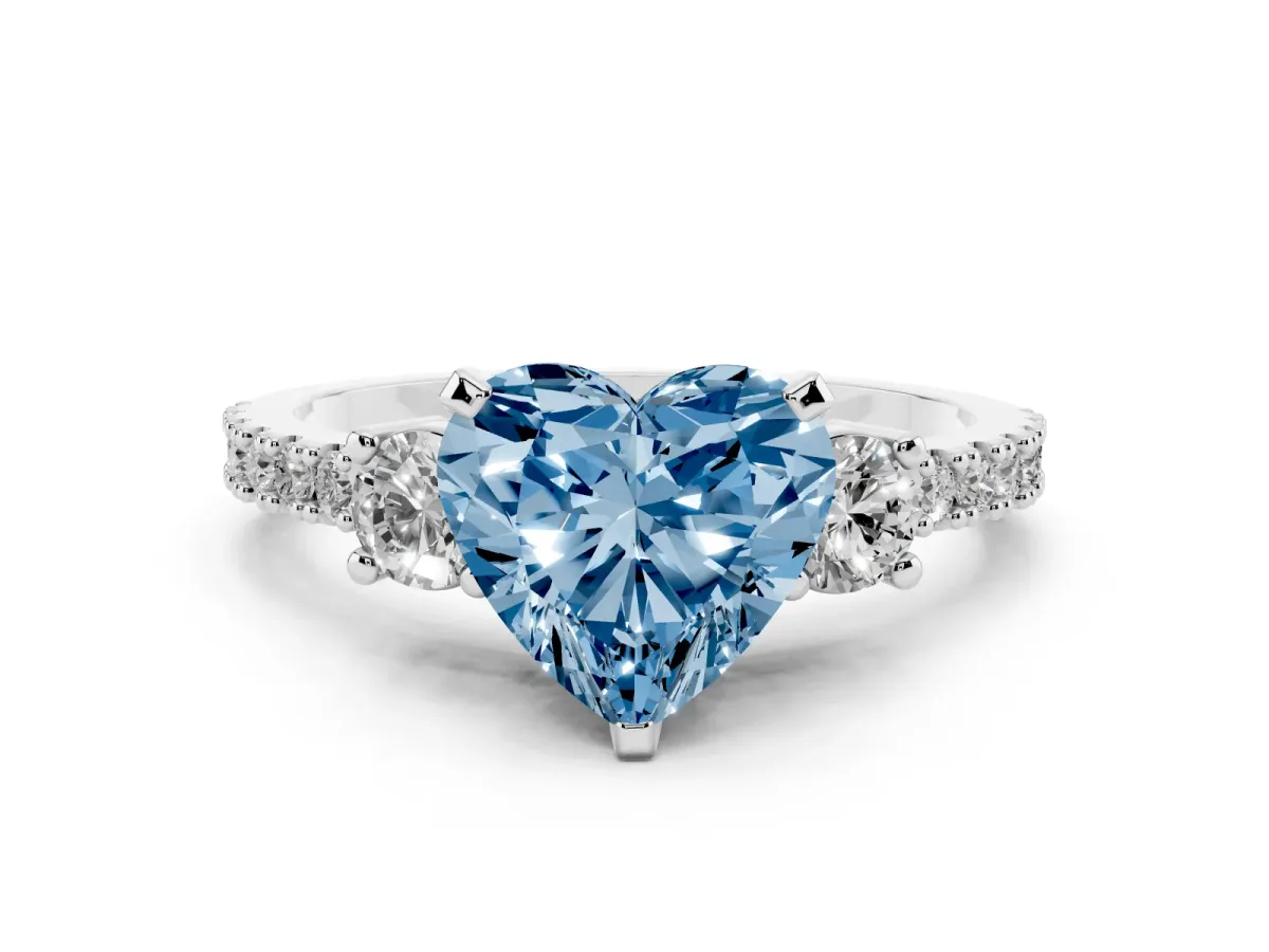 Fancy Blue Heart Cut Three-Stone Diamond Pavé Band with Prong Setting Platinum