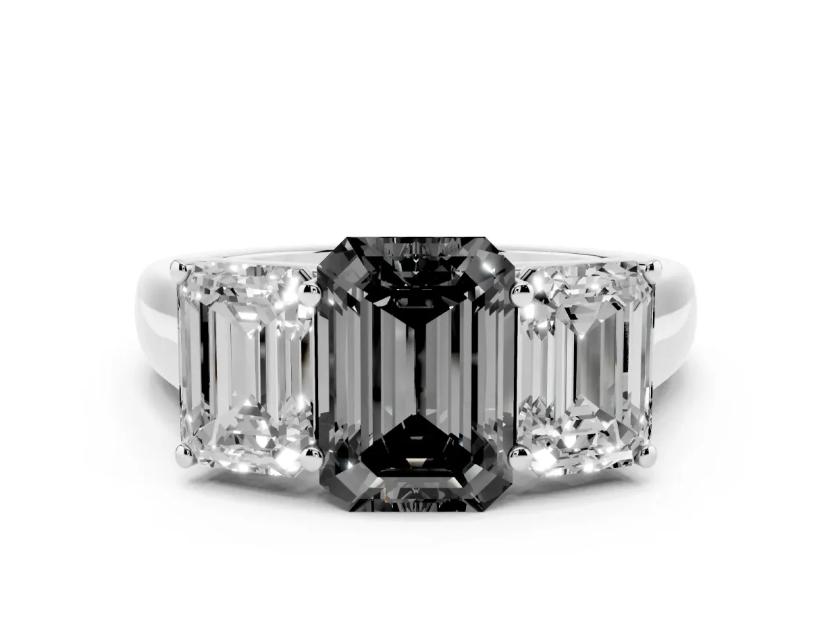 Fancy Black Emerald Cut Three-Stone Diamond Ring with Prong Setting on a Classic Band White gold