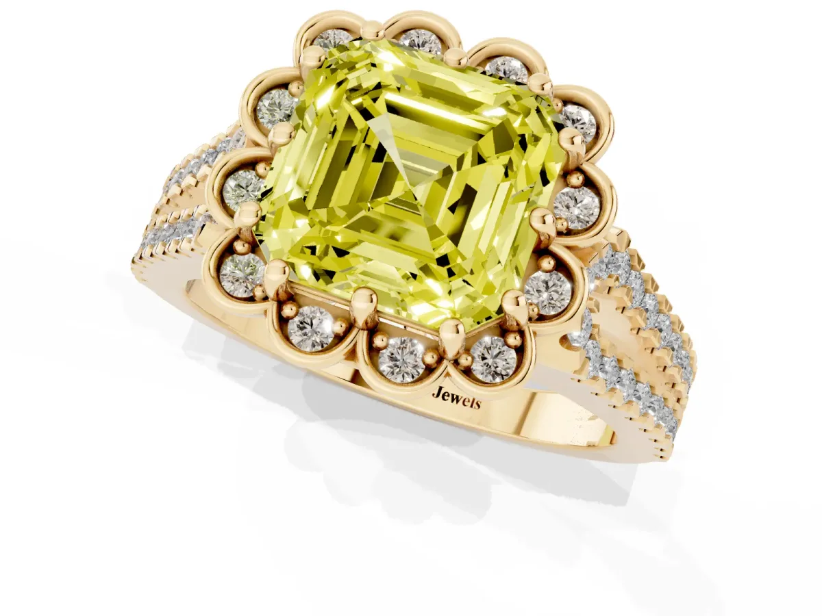 Fancy Yellow Asscher Cut Halo Diamond Floral Split Shank Engagement Ring Yellow gold
