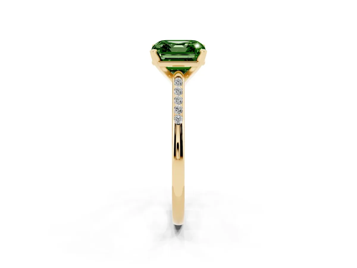 Fancy Green Asscher Cut Diamond Solitaire Ring with Channel Set Round Band and Prong Setting Yellow gold