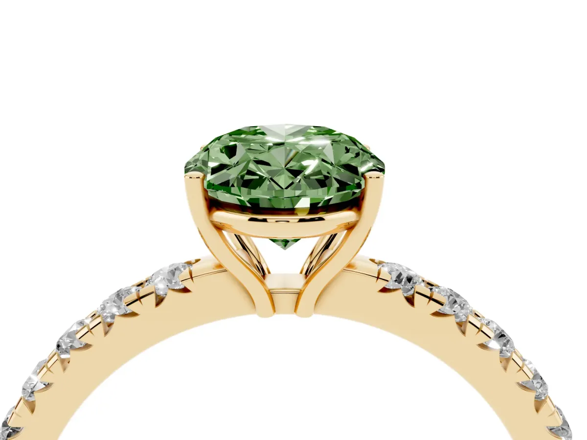 Fancy Green Oval Cut Diamond Pavé Solitaire Engagement Ring with Four-Prong Setting Yellow gold
