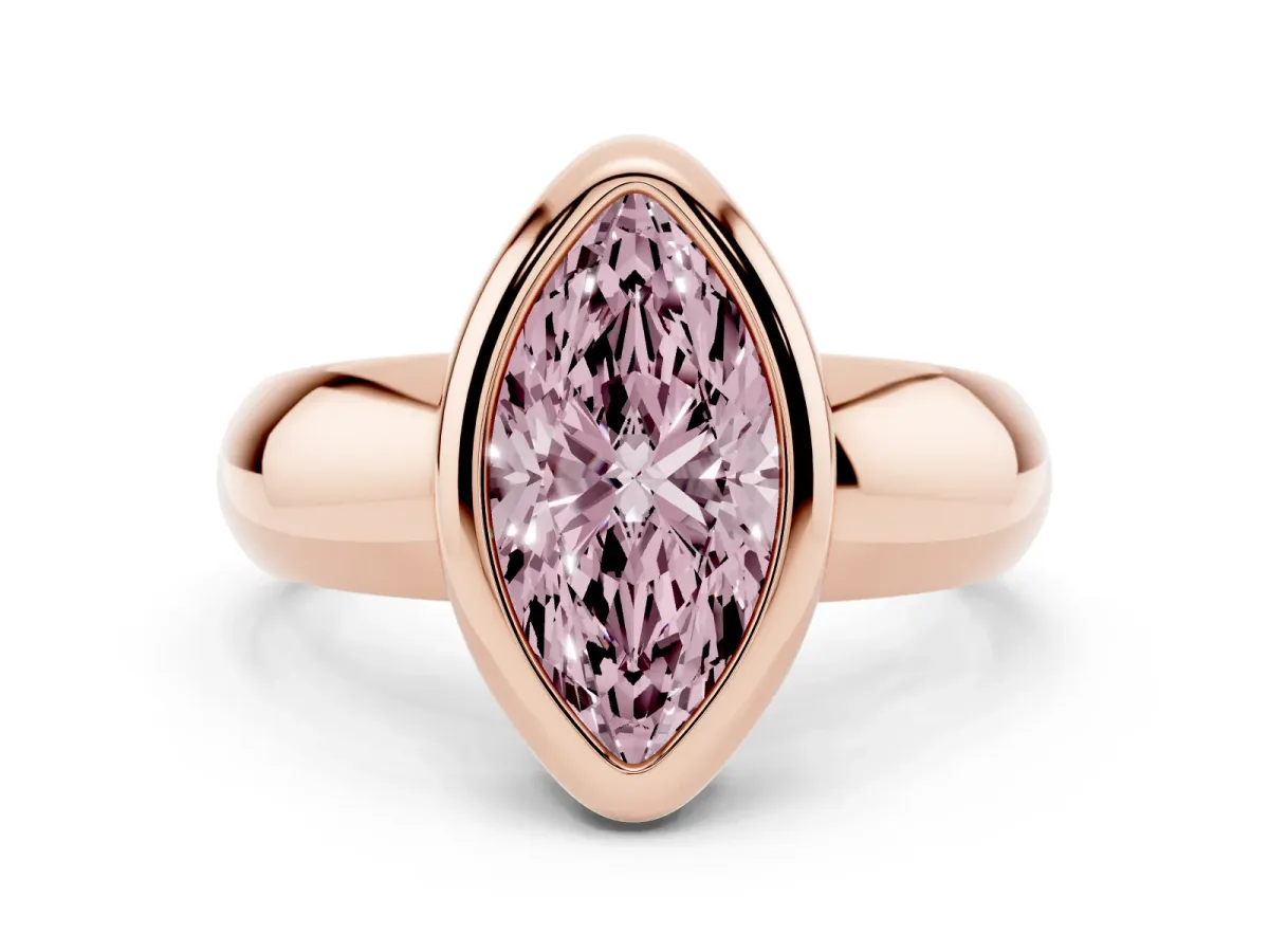 Fancy Pink Bezel Set Marquise Cut Solitaire Ring with Wide Band Rose gold