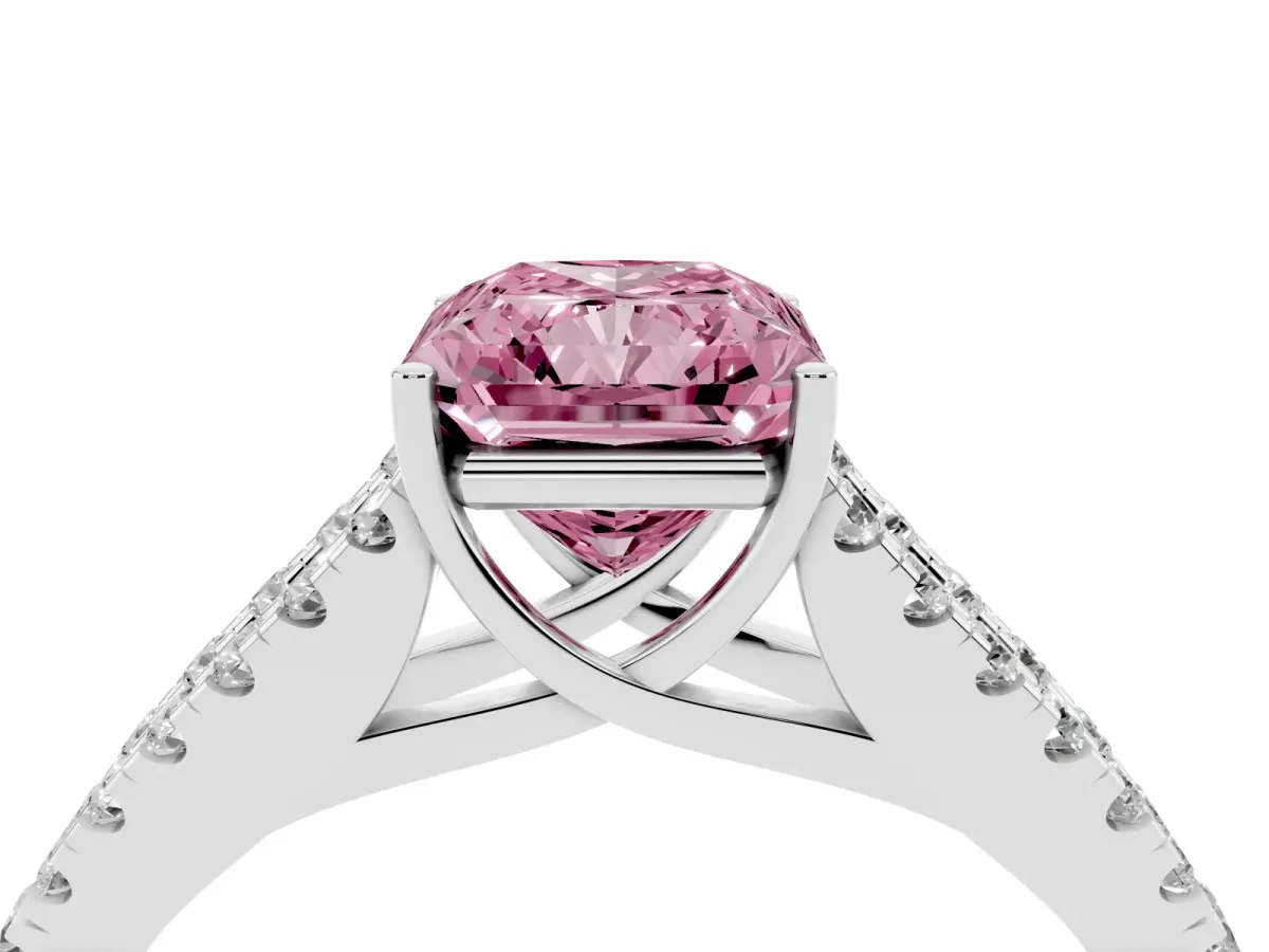 Fancy Pink Radiant Cut Diamond Split Shank Pavé Engagement Ring with Four-Prong Setting Silver
