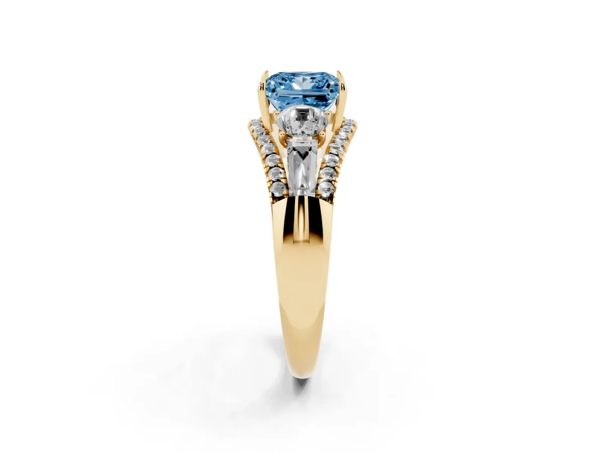 Fancy Blue Three-Stone Princess Cut Diamond Engagement Ring with Pave Band and Prong Setting Yellow gold