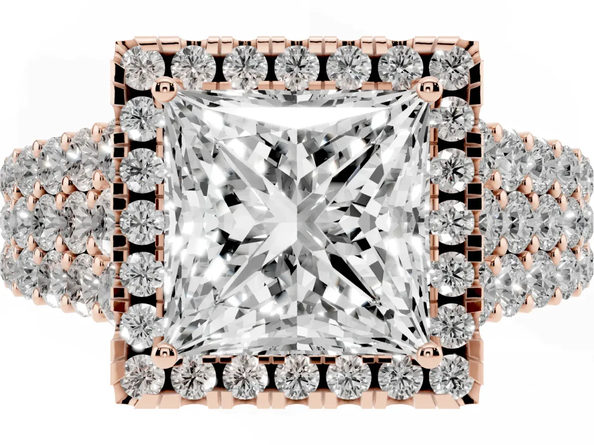 Princess Cut Diamond Halo Engagement Ring with Triple Row Round Pavé Band and Prong Setting Rose gold