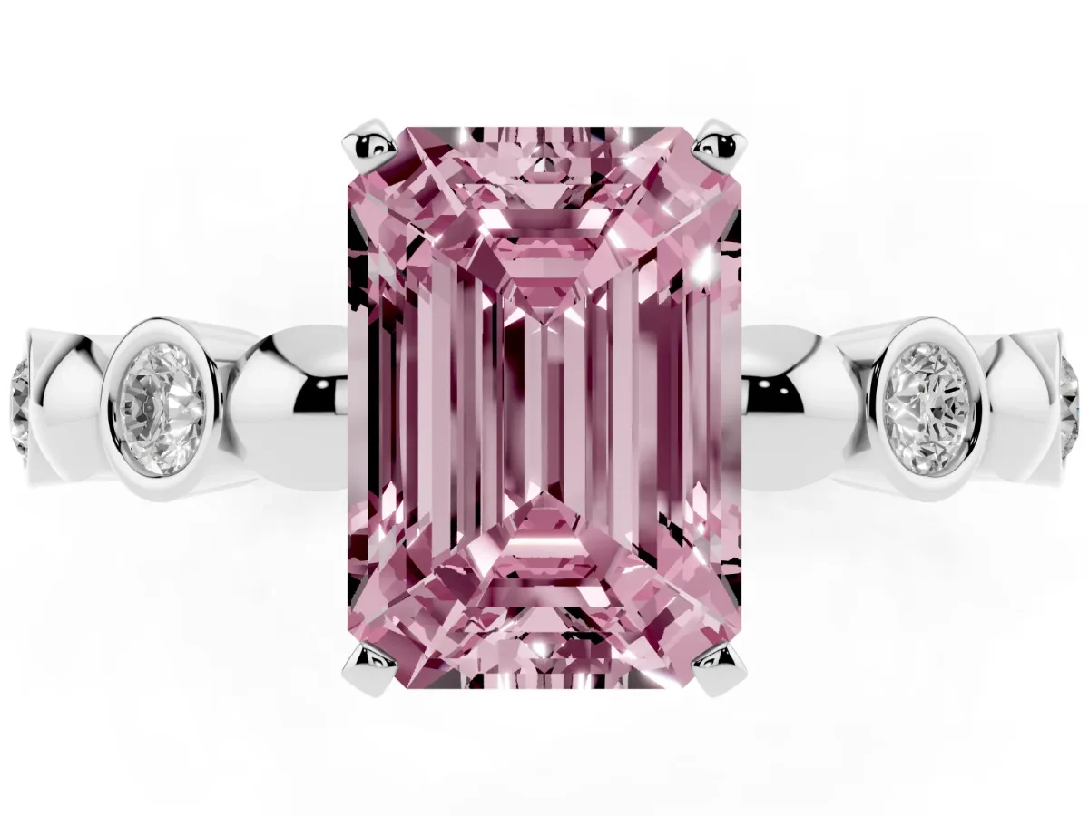 Fancy Pink Emerald Cut Solitaire Bezel-Set Diamond Ring with Beaded Band and Four-Prong Setting Silver