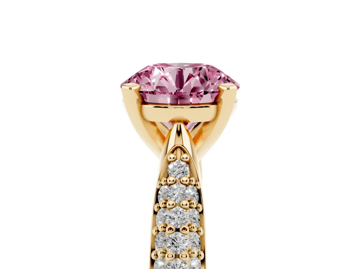 Fancy Pink Round Cut Diamond Solitaire Engagement Ring with Multi-Row Round Pavé Band and Prong Setting Yellow gold