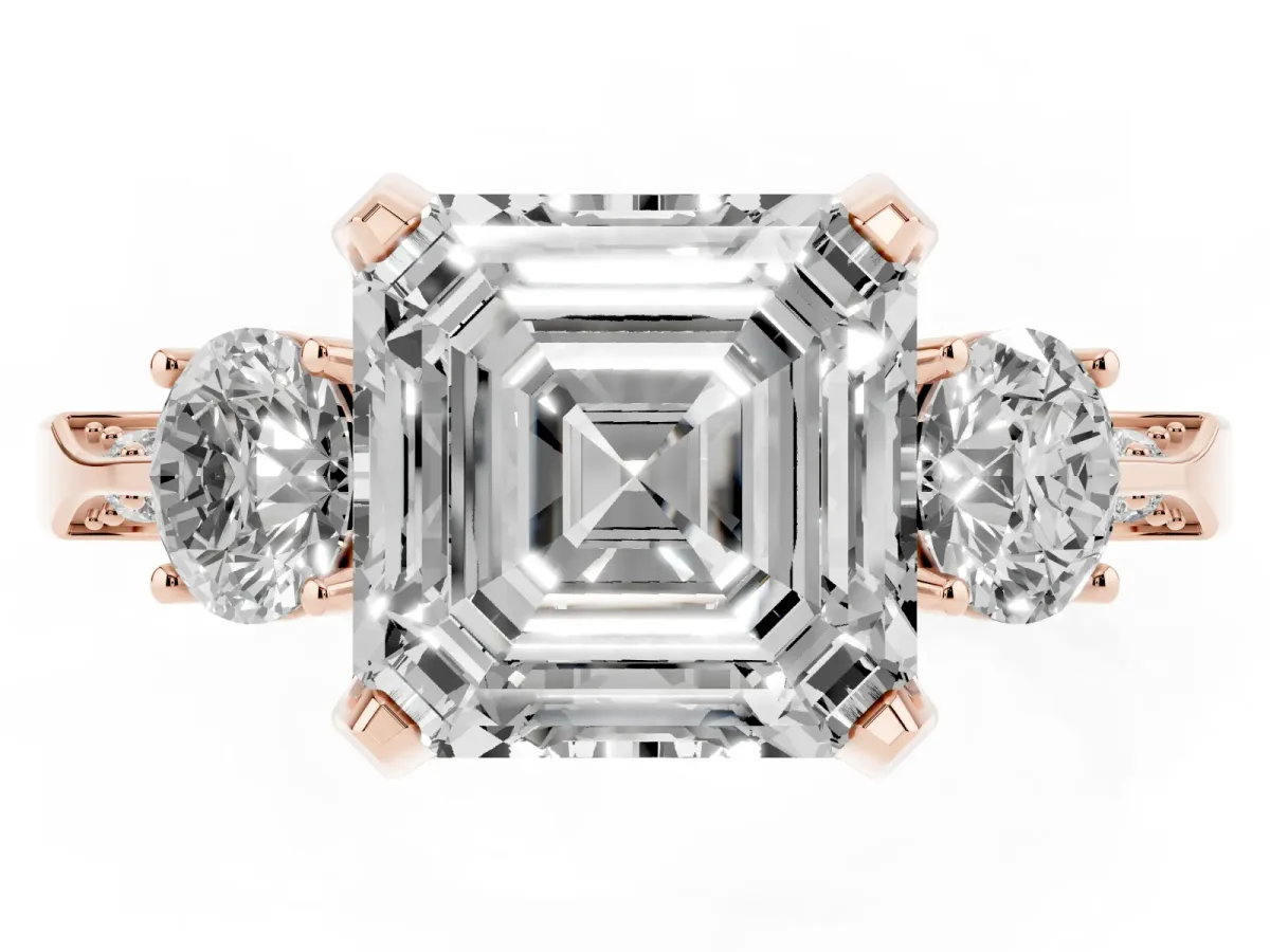 Asscher Cut Brilliant Three-Stone Diamond Ring with Pavé Band and Four-Prong Setting Rose gold