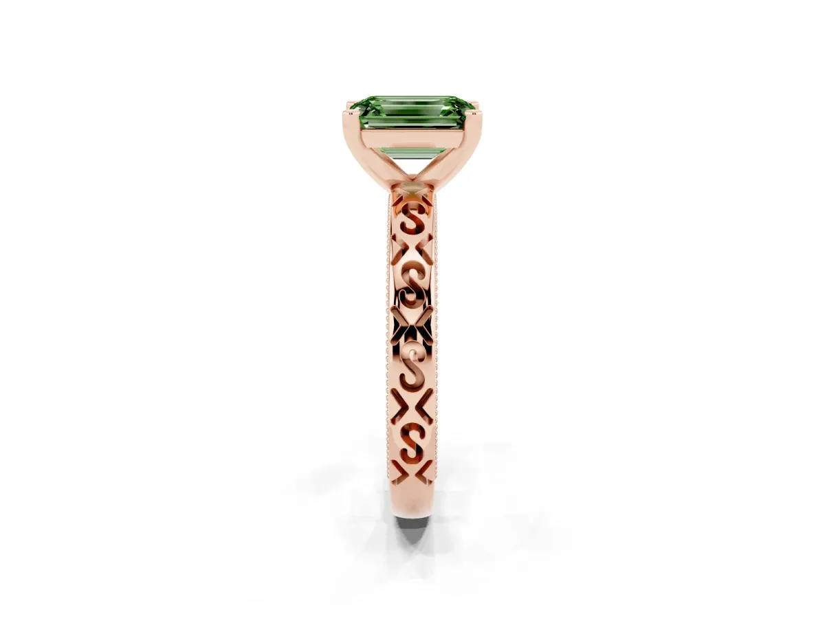 Fancy Green Emerald Cut Solitaire Engagement Ring with Scrollwork Band and Four-Prong Setting Rose gold