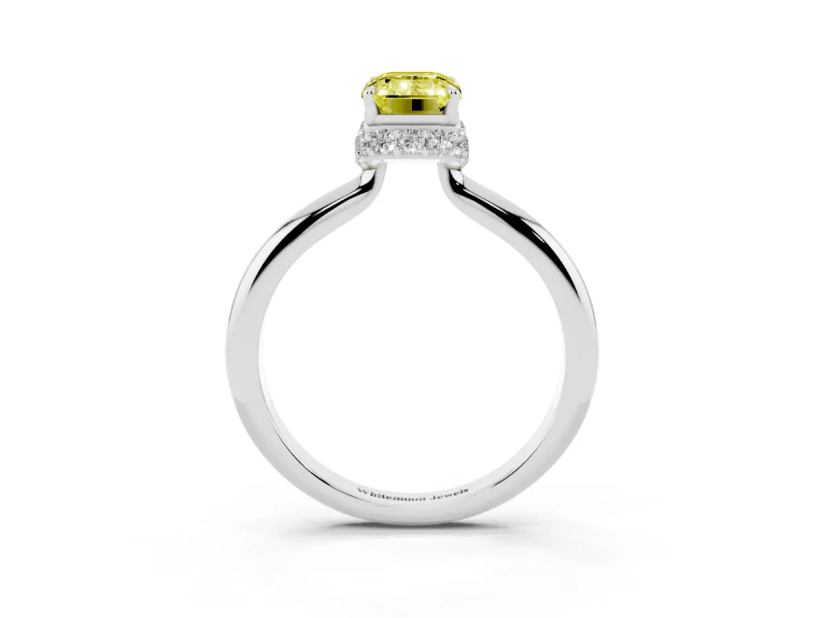 Fancy Yellow Emerald Cut Brilliant Solitaire Engagement Ring with Six-Prong Setting and Classic Band Platinum