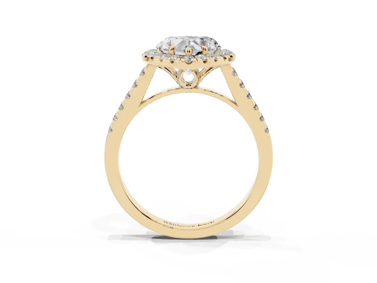 Heart Cut Halo Pavé Diamond Engagement Ring with Four-Prong Setting Yellow gold