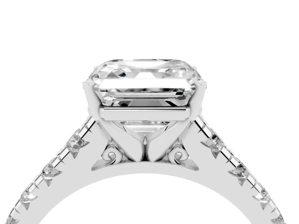 Asscher Cut Diamond Cathedral Solitaire Ring with Round Pavé Band Silver