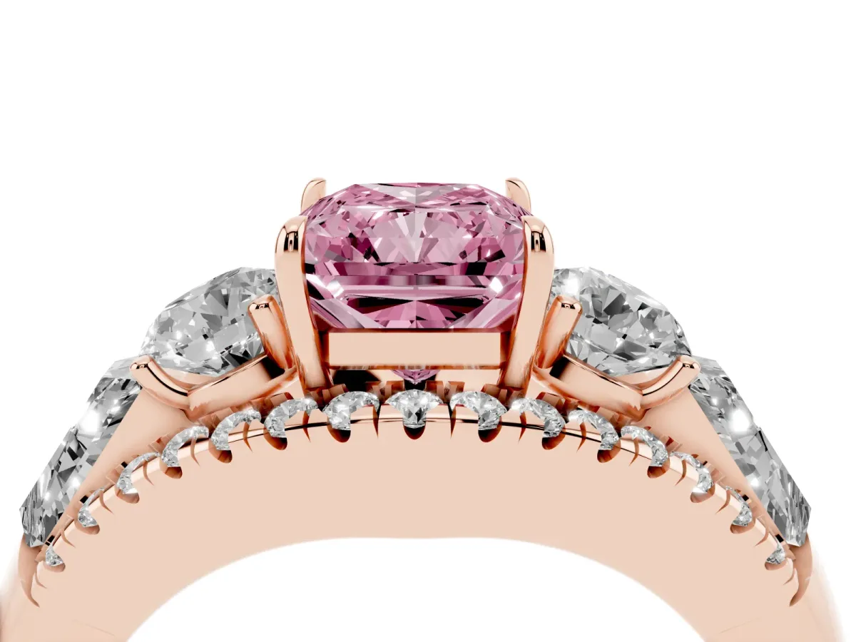 Fancy Pink Three-Stone Radiant Cut Diamond Engagement Ring with Pave Band and Prong Setting Rose gold
