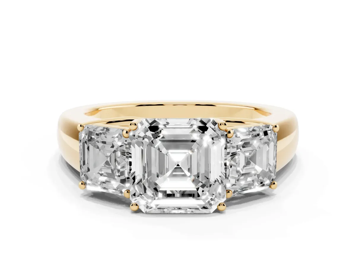 Three-Stone Asscher Cut Cut Diamond Ring with Prong Setting and Classic Band Yellow gold