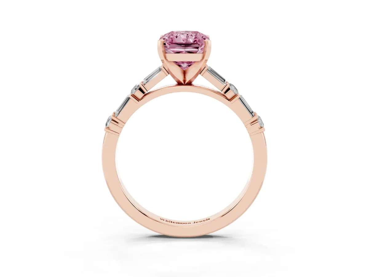 Fancy Pink Radiant Cut Diamond Solitaire with Side Baguettes and Channel Set Band Rose gold