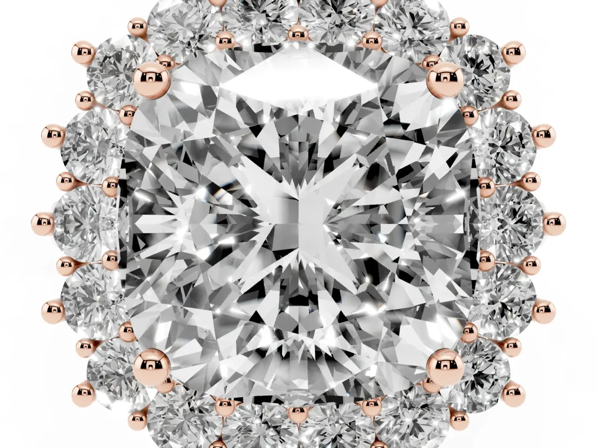 Cushion Diamond Halo Engagement Ring with Round Diamond Accents Rose gold