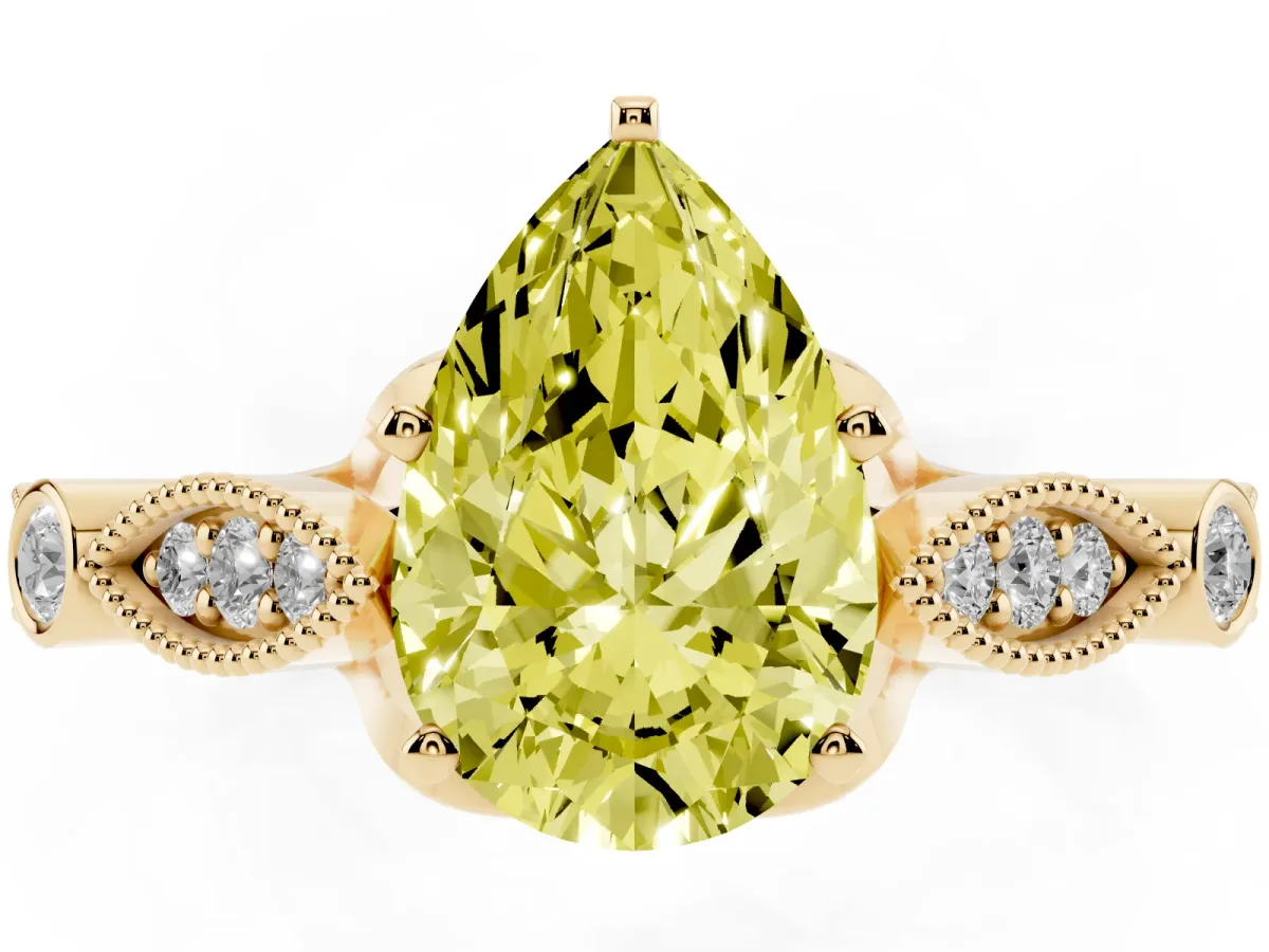 Fancy Yellow Pear Cut Cut Diamond with Milgrain Marquise and Bezel Accents on a Solitaire Band with Prong Setting Yellow gold