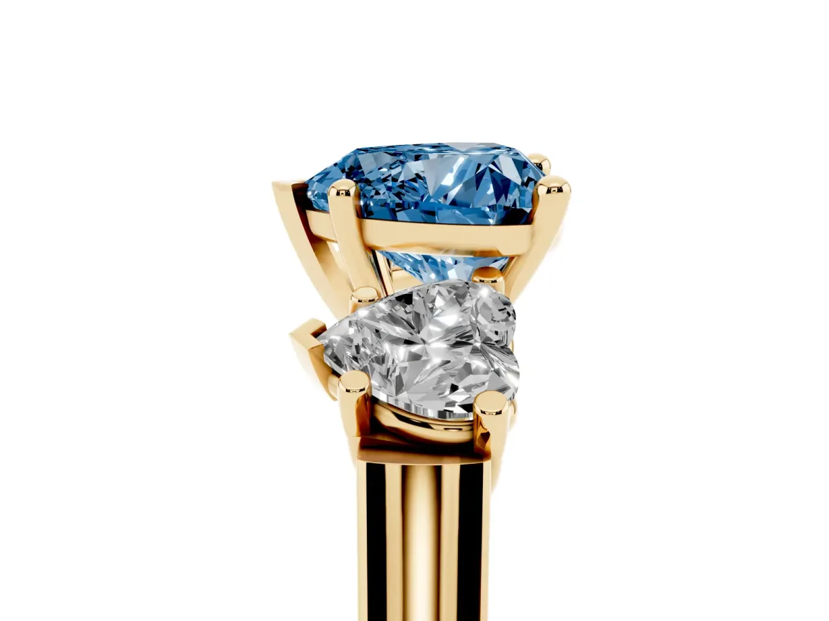 Fancy Blue Three-Stone Heart Cut Brilliant Diamond Trellis Ring with Comfort Fit Band Yellow gold