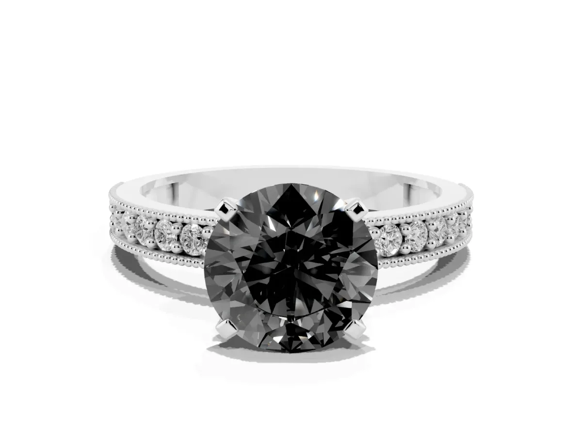 Fancy Black Round Cut Diamond Milgrain Pavé Engagement Ring with Four-Prong Setting Platinum
