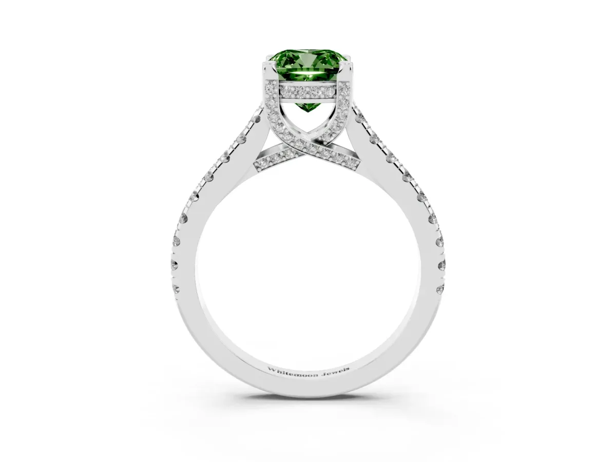 Fancy Green Cushion Cut Brilliant Diamond Solitaire with Pavé Band and Four-Prong Setting Silver