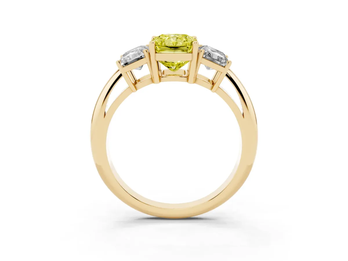 Fancy Yellow Three-Stone Radiant Cut Cut Diamond Engagement Ring with Prong Setting on a White Gold Band Yellow gold