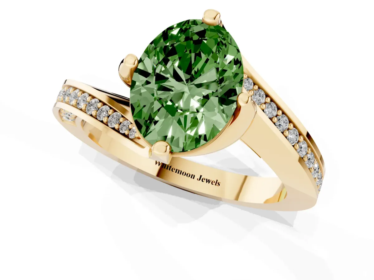 Fancy Green Oval Cut Solitaire Diamond Twist Band with Pavé Setting and Four-Prong Setting Yellow gold