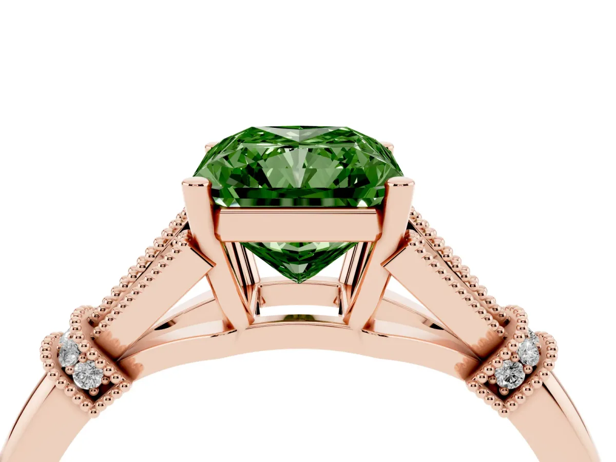 Fancy Green Radiant Cut Diamond Solitaire Ring with Floral Filigree and Pave Accents Rose gold