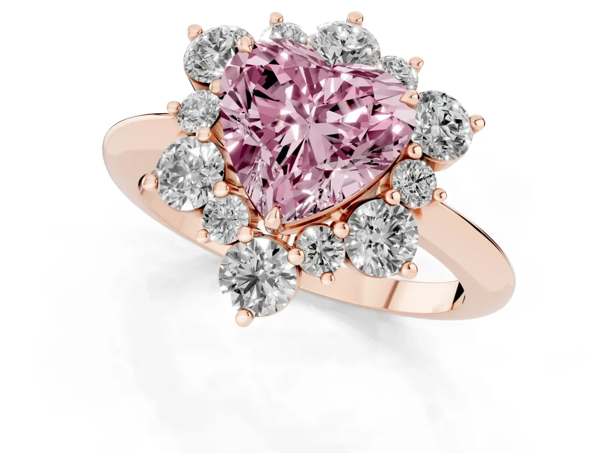 Fancy Pink Heart Cut Diamond Cluster Halo Ring with Solitaire Band and Four-Prong Setting Rose gold