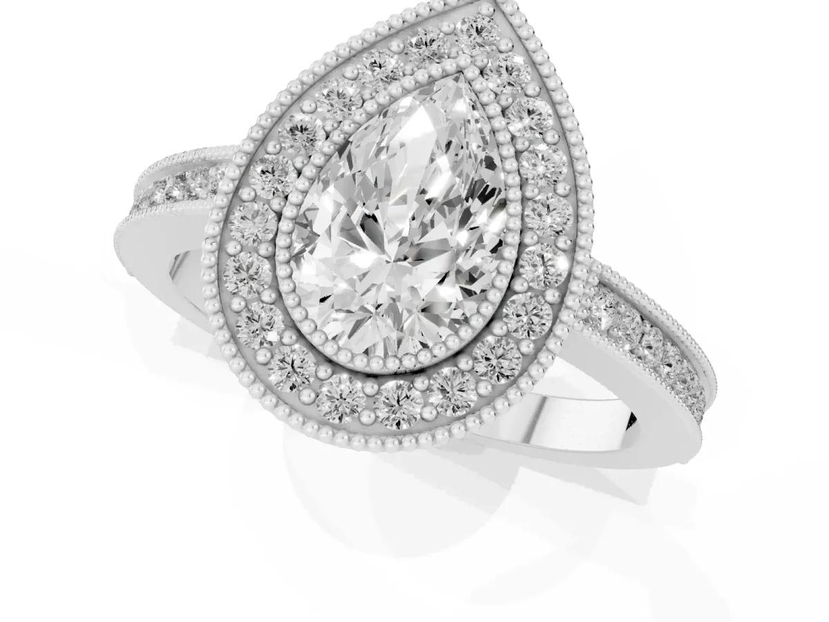 Pear Cut Cut Halo Diamond Ring with Pavé Band and Milgrain Prong Setting Silver