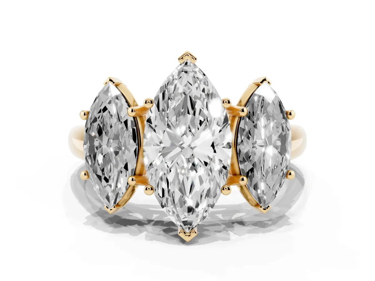 Three-Stone Marquise Cut Diamond Engagement Ring with Prong Setting Yellow gold
