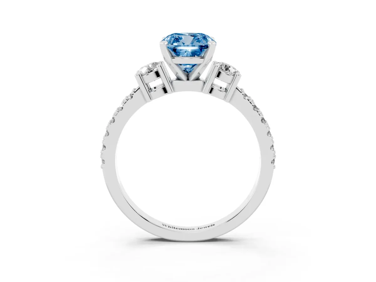 Fancy Blue Cushion Cut Three-Stone Diamond Pavé Band with Prong Setting Platinum
