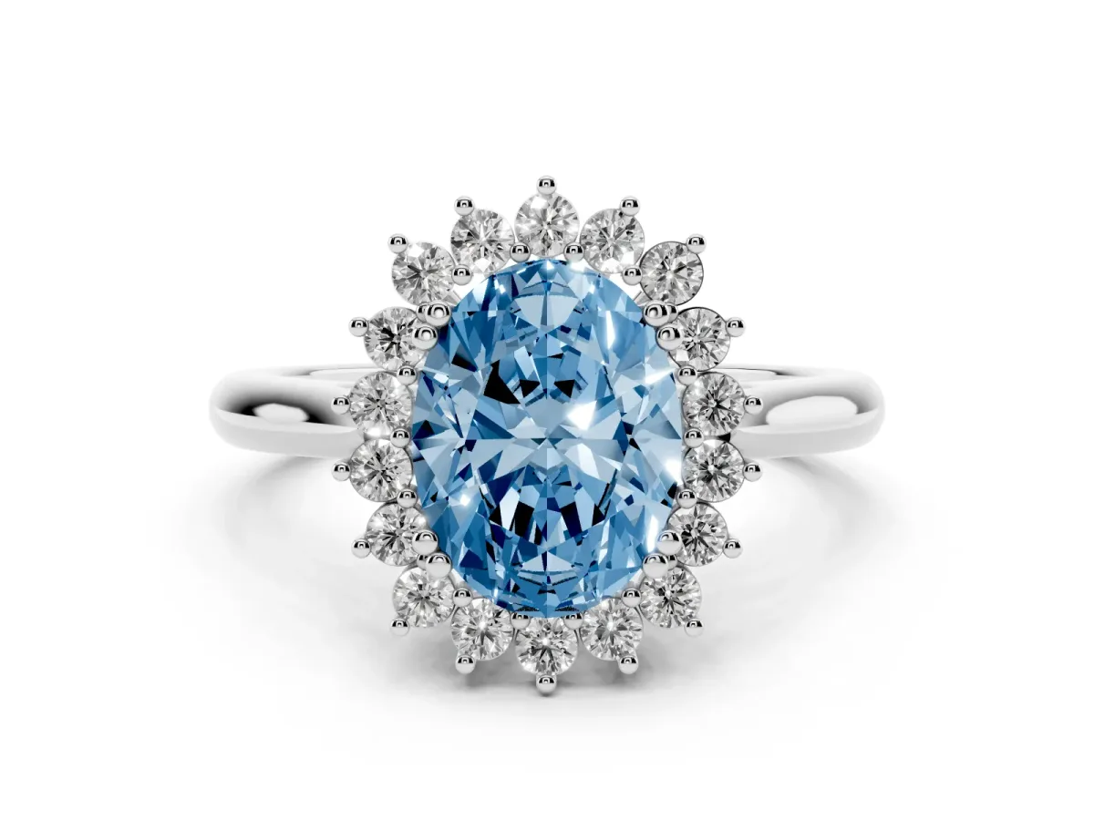 Fancy Blue Oval Cut Cut Diamond Halo Ring with Solitaire Band and Prong Setting Silver