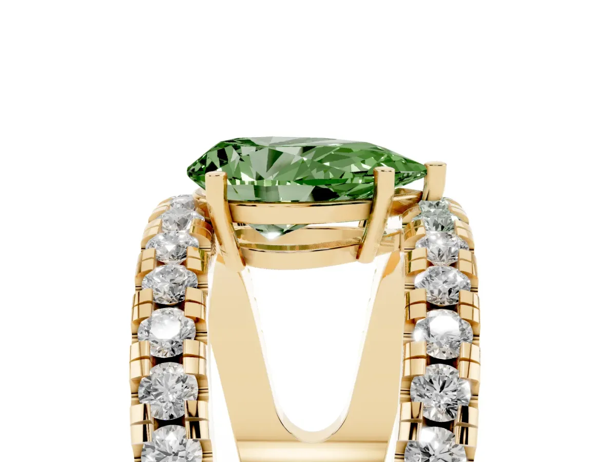 Fancy Green Pear Cut Solitaire Split Shank Pave Diamond Ring Yellow gold