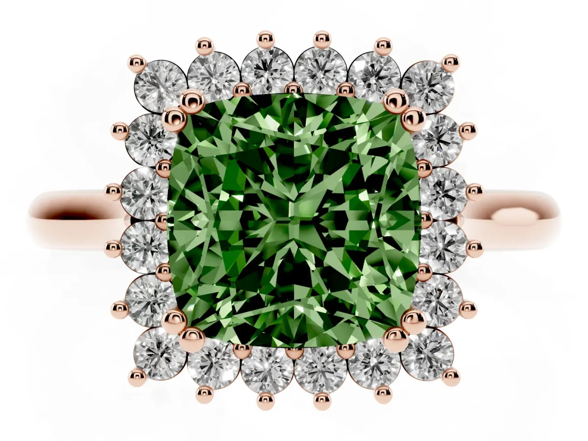 Fancy Green Cushion Cut Cut Diamond Halo Ring with Solitaire Band and Prong Setting Rose gold