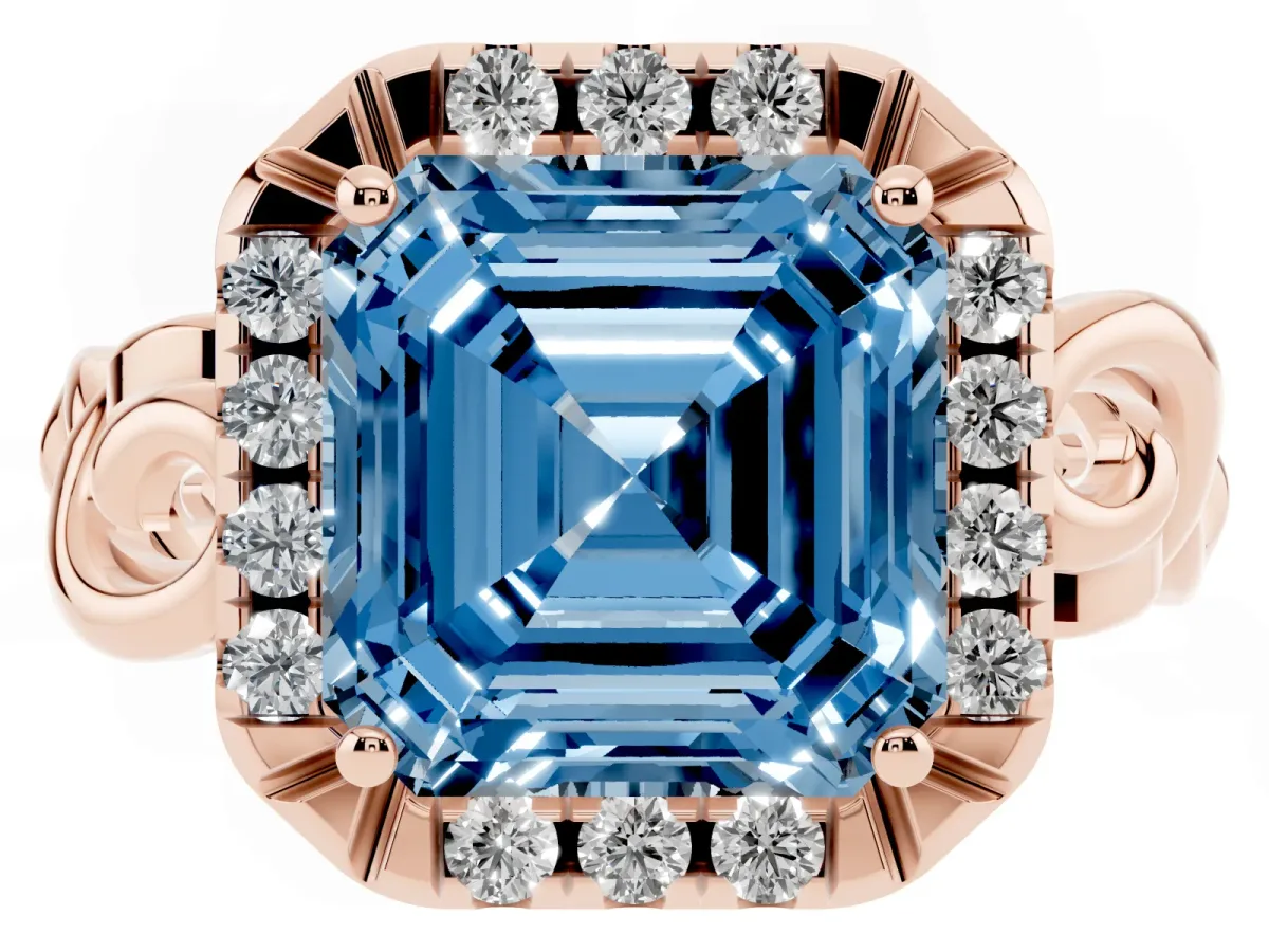 Fancy Blue Asscher Cut Cut Halo Diamond Ring with Scrollwork Band and Four-Prong Setting Rose gold