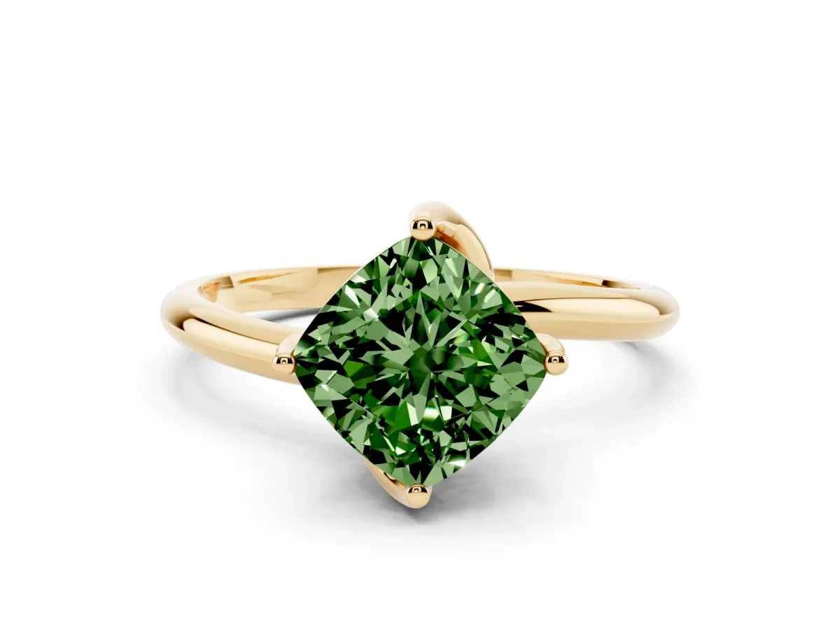 Fancy Green Cushion Cut Diamond Solitaire Engagement Ring with Four-Prong Setting and Classic Band Yellow gold