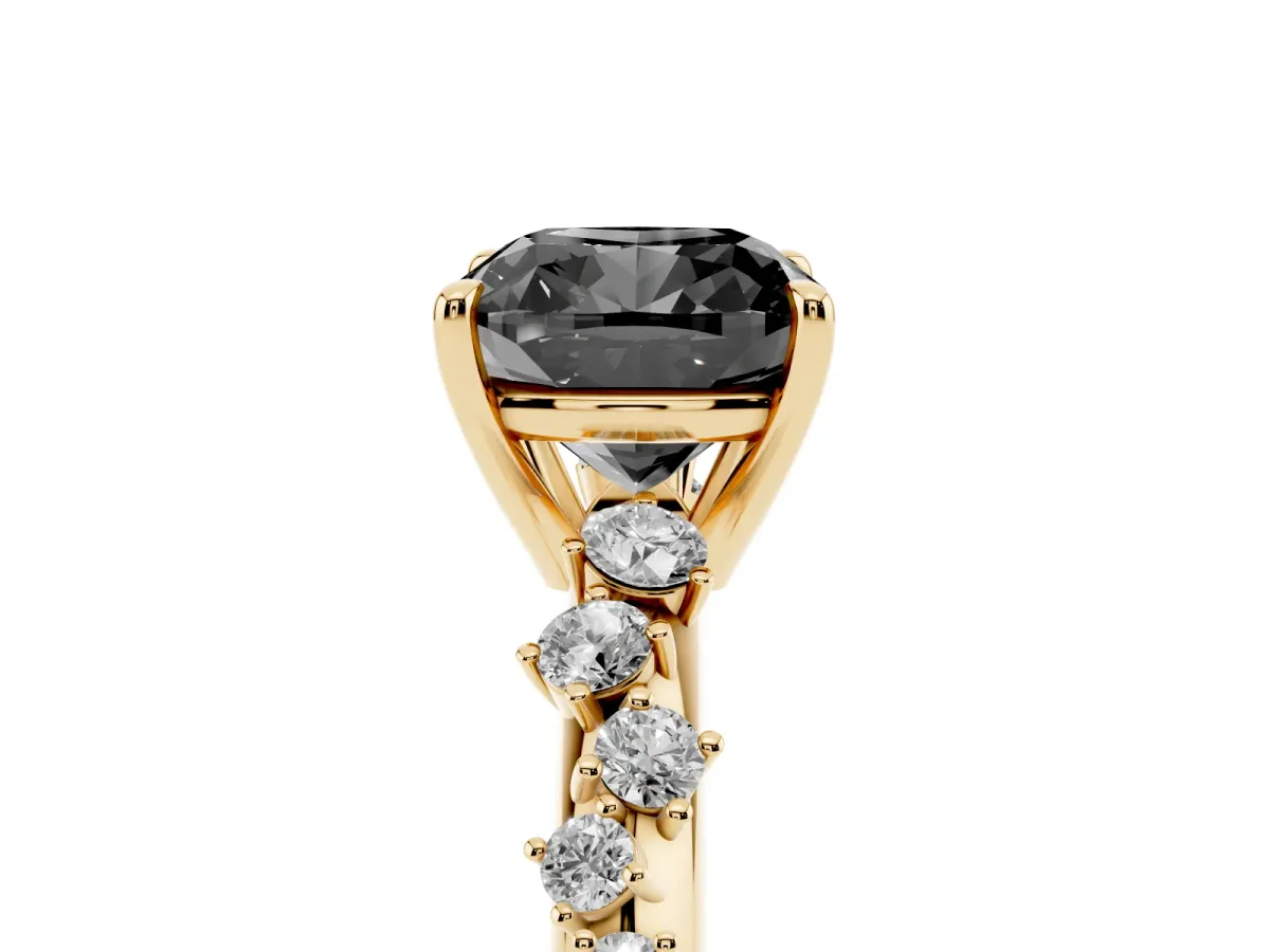 Fancy Black Cushion Cut Diamond Cluster Side Stone Solitaire Ring with Prong Setting Yellow gold