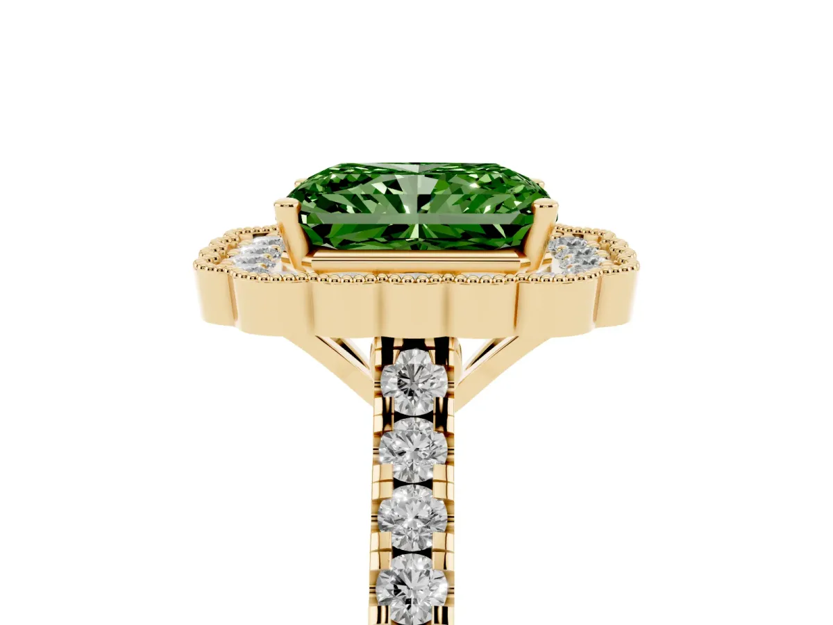 Fancy Green Radiant Cut Cut Diamond Milgrain Floral Halo Engagement Ring with Pavé Band Yellow gold