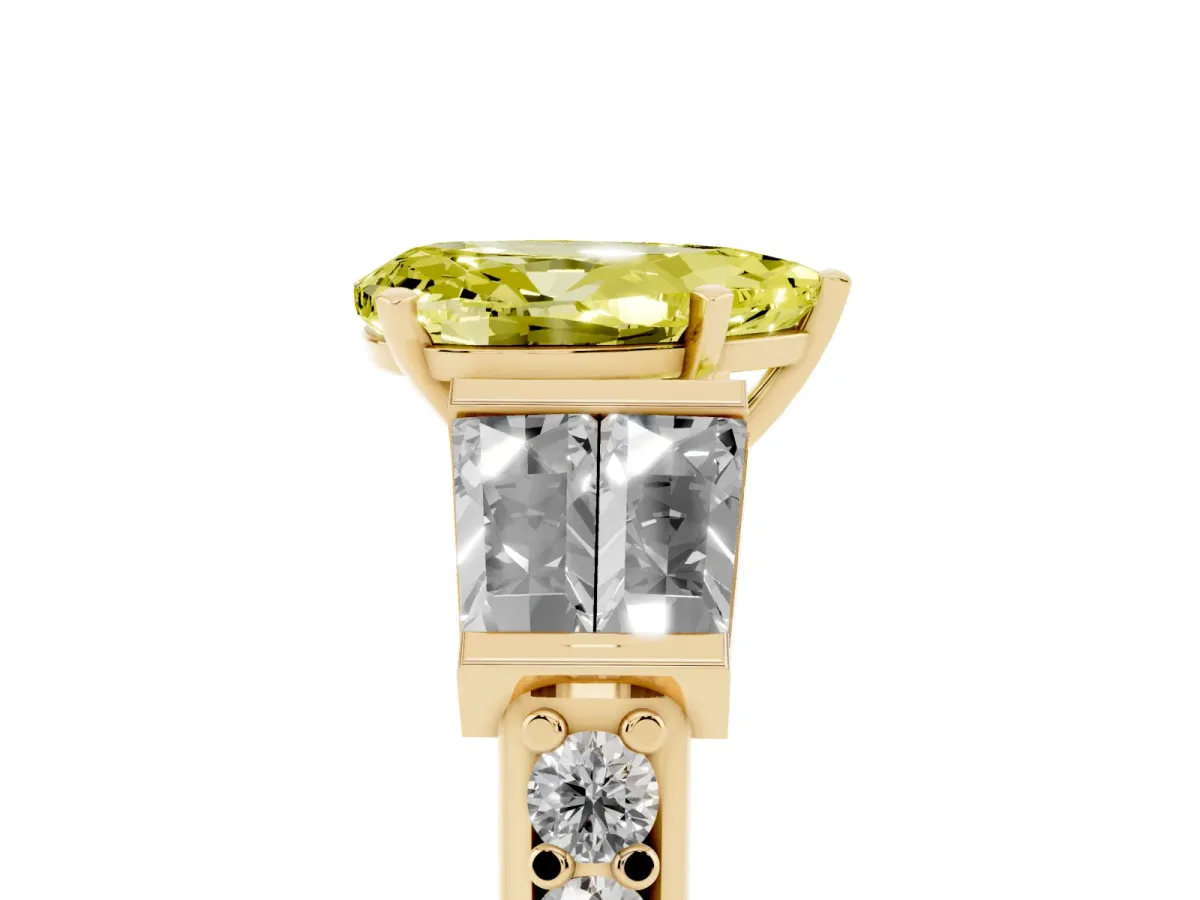 Fancy Yellow Pear Cut Diamond Engagement Ring with Baguette Side Stones and Channel Set Band Yellow gold