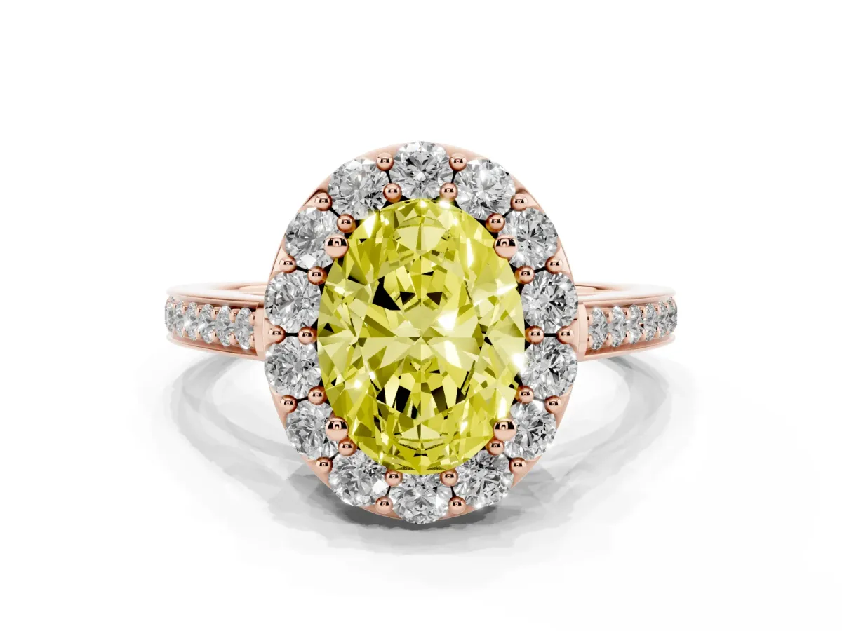 Fancy Yellow Oval Cut Diamond Floral Halo Ring with Pavé Band and Prong Setting Rose gold