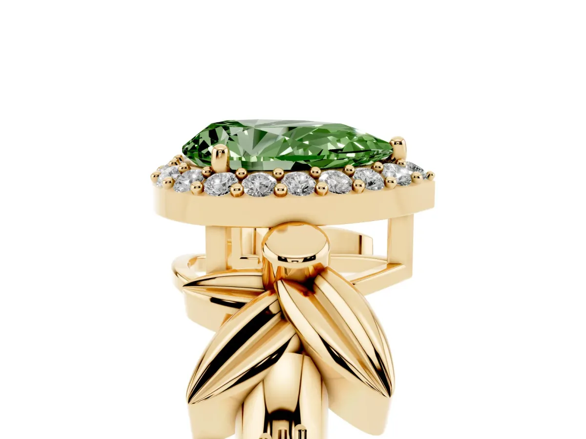 Fancy Green Pear Cut Halo Diamond Floral Band with Four-Prong Setting Yellow gold