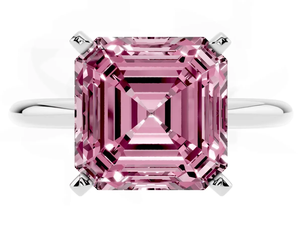 Fancy Pink Asscher Cut Diamond Solitaire Ring with Prong Setting and Classic Band Silver