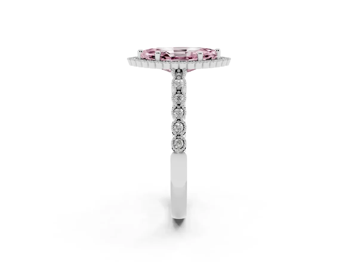 Fancy Pink Marquise Cut Cut Halo Pavé Solitaire Ring with Milgrain Band Platinum