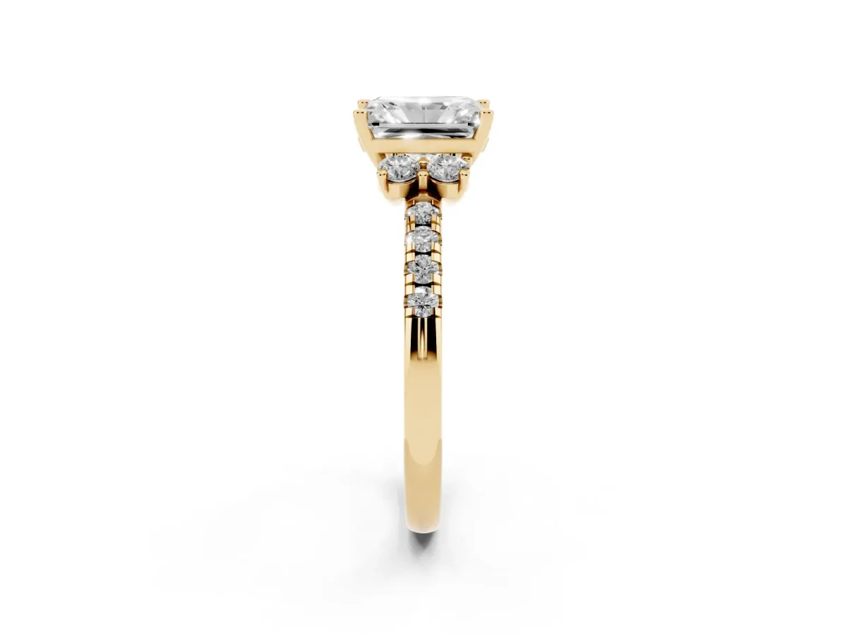Radiant Cut Diamond Three-Stone Pave Band with Four-Prong Setting Yellow gold